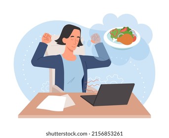 Mujer hambrienta en el lugar de trabajo. Niña en la laptop sueña con la comida. Empleado trabajador en el cargo, gerente sobrecargado de trabajo y agotamiento emocional. Persona esperando el descanso. Dibujo vectorial plano de dibujos animados