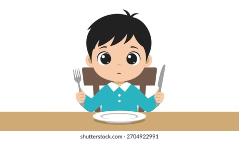 Um menino faminto com grandes olhos tristes se senta em uma mesa com um prato vazio segurando uma faca e um garfo esperando por comida.
