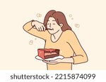 Hungry young woman eating cake suffer from eating disorder. Happy girl enjoy chocolate dessert. Guilty pleasure. Vector illustration. 