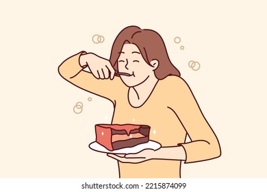 Hungry young woman eating cake suffer from eating disorder. Happy girl enjoy chocolate dessert. Guilty pleasure. Vector illustration. 