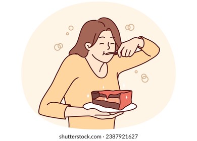 Hungry young woman eating cake suffer from eating disorder. Happy girl enjoy chocolate dessert. Guilty pleasure. Vector illustration.