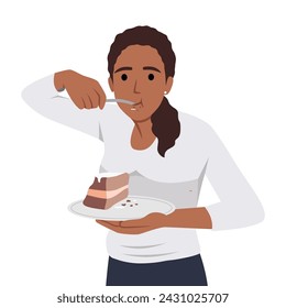 Hungry young woman eating cake suffer from eating disorder. Happy girl enjoy chocolate dessert. Guilty pleasure. Flat vector illustration isolated on white background