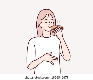 Hungrige junge Frau, die Brot isst. Handgezeichnete Vektordesign-Illustrationen.