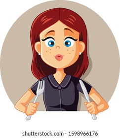 Hungry Young Woman Ready to Eat Vector Illustration. Funny girl holding fork and knife waiting for meal to be served 
