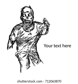 hungry zombie showing his hand used for Halloween with copyspace vector illustration sketch hand drawn with black lines, isolated on white background
