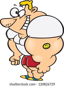 hunky cartoon muscle man with huge biceps and happy face tattoo