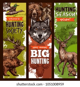 Hunt club sketch banners for hunting open season. Vector design of hunter prey wild animals forest grizzly bear, mountain wolf and deer or elk, aper hog or boar for wildlife hunting adventure