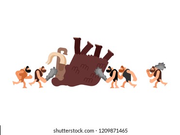 Hunt For Mammoth. Caveman Prehistoric Man Hunter. Homosapiens People. Paleolithic Life. Vector Illustration