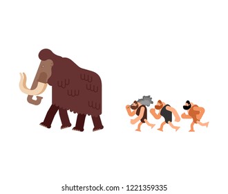 Hunt For Mammoth. Caveman Prehistoric Man Hunter. Homosapiens People. Paleolithic Life. Vector Illustration