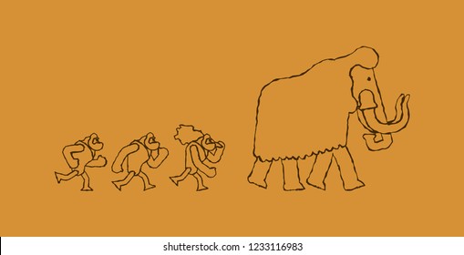 Hunt for mammoth Rock painting. caveman Prehistoric man Hunter. Homosapiens people. Paleolithic life. Vector illustration