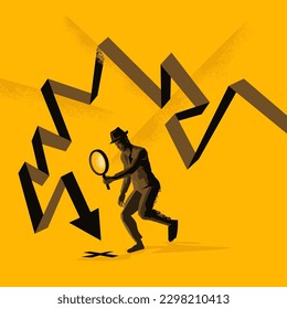The hunt for profits. A businessman using a magnifying glass to seek out investments and growth opportunities. Business vector illustration.