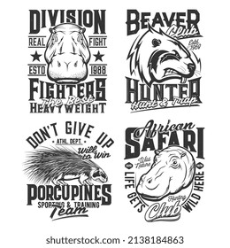 Hunt safari, sport team and fight club shirt prints, vector animal heads emblems. African hunting, fighting sport and athletics varsity club badges with beaver, porcupine and hippopotamus mascot