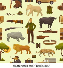 Hunt safari vector hunterman character in Africa with hunting ammunition or hunters equipment rifle shooting and african animals lion elephant wildlife set illustration seamless pattern background