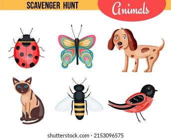 Hunt scavenger game for kids with animals. Interesting task for children