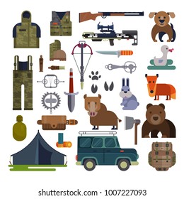 Hunt Vector Hunting Ammunition Or Hunters Equipment Rifle Shooting And Backpack In Camping With Animals Duck Bear, Boar And Huntingdog Set Illustration Isolated On White Background