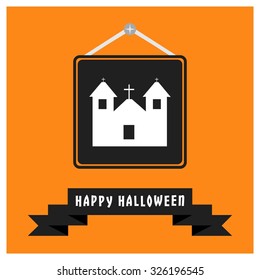 Hunted Church Icon. Black Happy Halloween Ribbon Banner on Orange background. Vector illustration