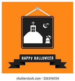 Hunted house with grave, moon and Bats icon. Black Happy Halloween Ribbon Banner on Orange background. Vector illustration
