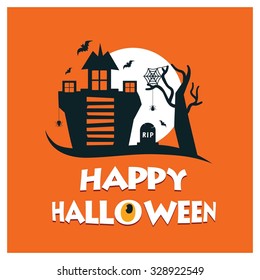 Hunted house poster, banner or background for halloween party night. Happy Halloween invitation Card template Orange background. vector poster template illustration