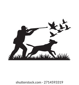 Jäger, der mit einem Gewehr zielt, das von einem Hund und einer Vogelherde begleitet wird