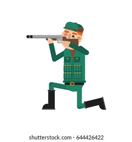 hunter aiming a rifle isolated on white flat vector illustration. Hunter game design.