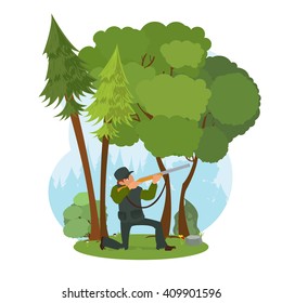 Hunter aiming a rifle in the woods. scene of nature and man with a gun. vector