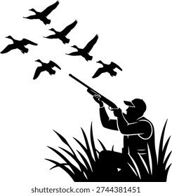 Hunter Aiming Shotgun at Flying Ducks Silhouette -A black silhouette showing a hunter in tall grass aiming a shotgun at a flock of six ducks flying overhead.