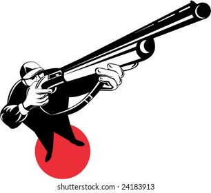 Hunter aiming a shotgun at you viewed from a high angle