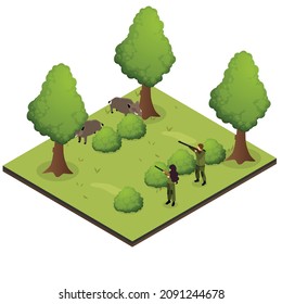 Hunter aiming wild boars during the hunting season isometric 3d vector concept for banner, website, illustration, landing page, flyer, etc.