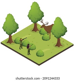 Hunter aiming wild deer during the hunting season isometric 3d isometric 3d vector concept for banner, website, illustration, landing page, flyer, etc.