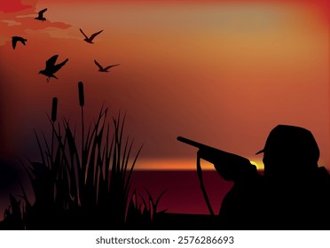 hunter aims game in swampy environment-
