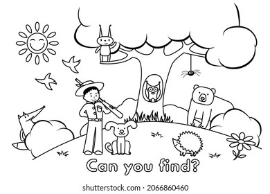 Hunter and animals in the forest learning game for small children - color and find animals. Vector coloring book pages for kids