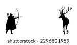 Hunter archer hunting deer vector silhouette illustration isolated on white background. Powerful buck huge antlers trophy. Medieval soldier with bow arrow in forest hunt animal. Robin Hood need food.