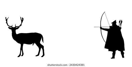 Hunter archer hunting deer vector silhouette illustration isolated on white background. Powerful buck huge antlers trophy. Medieval soldier with bow arrow in forest hunt animal. Robin Hood need food.