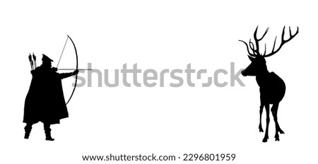 Hunter archer hunting deer vector silhouette illustration isolated on white background. Powerful buck huge antlers trophy. Medieval soldier with bow arrow in forest hunt animal. Robin Hood need food.