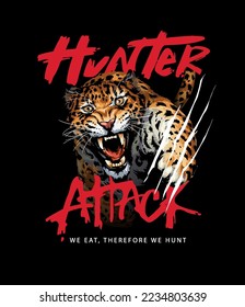 hunter attack calligraphy slogan with angry leopard clawing on black background vector ilustration