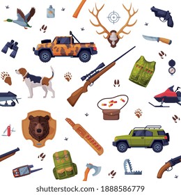 Hunter Attributes Seamless Pattern, Hunting Season Tackles, Textile, Wallpaper, Wrapping Paper, Background Design Flat Vector Illustration