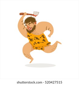 Hunter With Axe Running Cartoon Illustration Of First Homo Sapiens Troglodyte In Animal Pelt Living In Stone Age