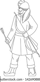 Hunter with bow.
 Hand drawn vector illustration isolated on white. Heraldry, coloring book.