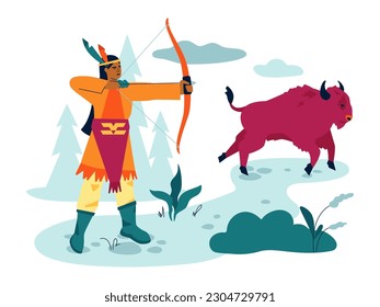 Jäger mit Schleife - moderne, farbige Vektorgrafik auf weißem Hintergrund mit Waldlandschaft. Ein Mann mit einer handgefertigten Waffe ist bereit, einen Pfeil auf einen laufenden Bison zu schießen. Jagd und Bogensport