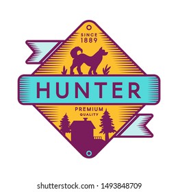 Hunter camp retro color logo template. Recreational park vintage vector symbol. Dog silhouette