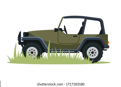 Hunter car jeep parked on green grass. Hunter, camper, traveler, adventurer auto. Vehicle for travel, camping, hunt and recreation. Automobile isolated on white background. Hunting season