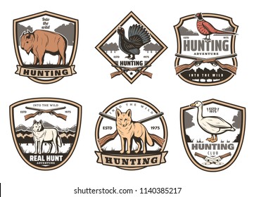 Hunter club or hunting open season badge icons. Vector set of shields with buffalo, wild wolf or fox and crossed rifle guns, duck and pheasant birds with hunter knife for outdoor adventure