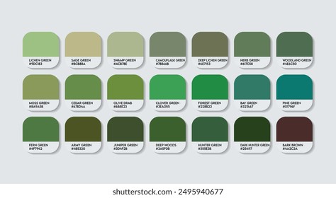 Hunter Color Palette, Hunter Color Guide Palette with Color Names. Catalog Samples of Dark Green with RGB HEX codes and Names. Deep Green Colors Palette Vector, Fashion Trend Green Color shades Vector