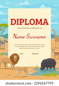 Diploma de cazador o conservacionista. Caricatura de animales de safari africanos en sabana. Diploma o premio de vectores deportivos de caza, certificado de trofeo de caza con león, chita, hipopótamo y gacela, jirafa, cebra