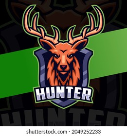 hunter deer head mascot character logo design with badge for hunter logo idea