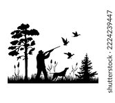 Hunter with dog aiming with his rifle on ducks. Outdoor hunting scene. Vector silhouette of hunting isolated on white.