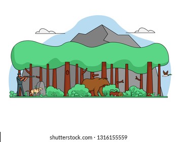 hunter with a dog in the forest is aiming at animals and birds with a gun. Cartoon illustration of hunter on hunt. Vector hunter bird shoot to target outdoor - Vector