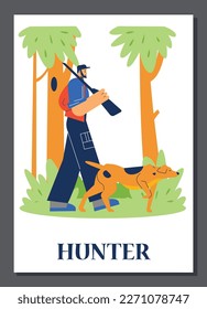 Hunter with dog in forest banner or poster design, flat cartoon vector illustration isolated on white background. Service or hunting dog helps a person in animal hunting.