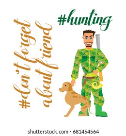 Hunter With Dog going to hunting- Flat Clipart Illustration