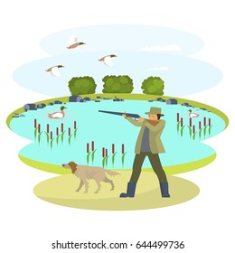 Hunter with a dog on the lake. Flat Cartoon Character. Colorful Vector Illustration eps 10
